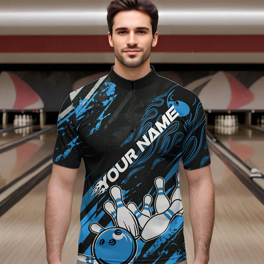 Grunge Black And Blue Custom Flame Bowling Team Quarter-Zip Shirts For Men, Bowling League Shirt IPHW8526