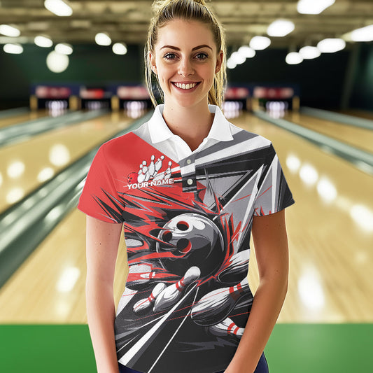 Custom Black And Red Striking Bowling Polo Shirts For Women, Team Uniform Bowlers Outfits IPHW8766