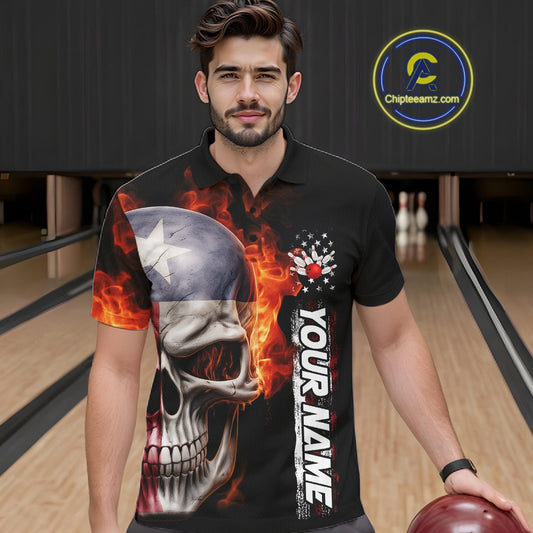 Custom Flame Skull American Texas Flag Men Bowling Team Shirt, Patriotic Bowling Jerseys IPHW10635