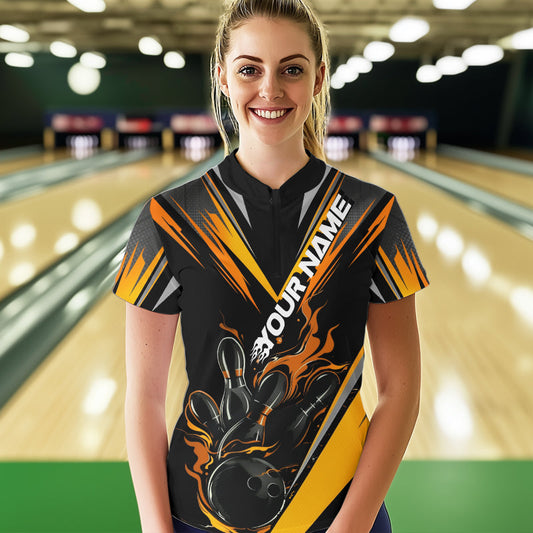 Custom Black And Yellow Flame Bowling Women Quarter-Zip Shirts, Bowling Tournament Outfit IPHW8774