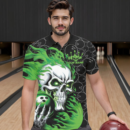 Custom Black And Green Flame Skull Bowling Men Polo Shirts, Skull Halloween Bowling Outfit IPHW8775