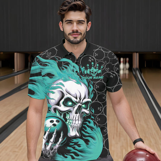 Custom Black And Blue Flame Skull Bowling Men Polo Shirts, Skull Halloween Bowling Outfit IPHW8776