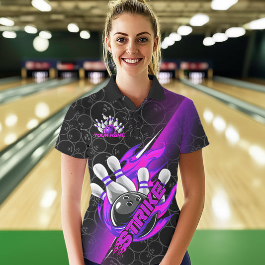 Custom Black And Blue Purple Flame Strike Bowling Women Polo Shirts, Bowling Ball Pattern IPHW8782