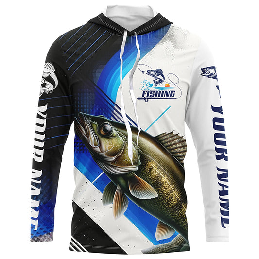 Custom Walleye Fishing Jerseys, Walleye Long Sleeve Tournament Fishing Shirts | Blue IPHW6284