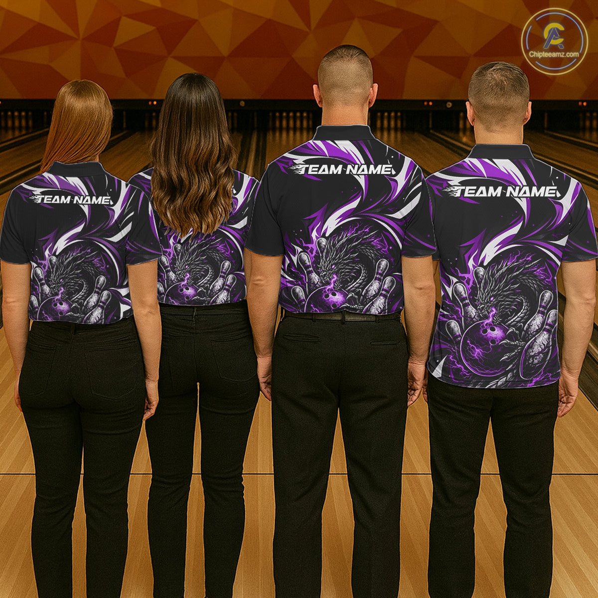 Custom Purple Lightning Dragon Bowling Men Polo Shirts, Dragon Bowling League Shirt IPHW10358