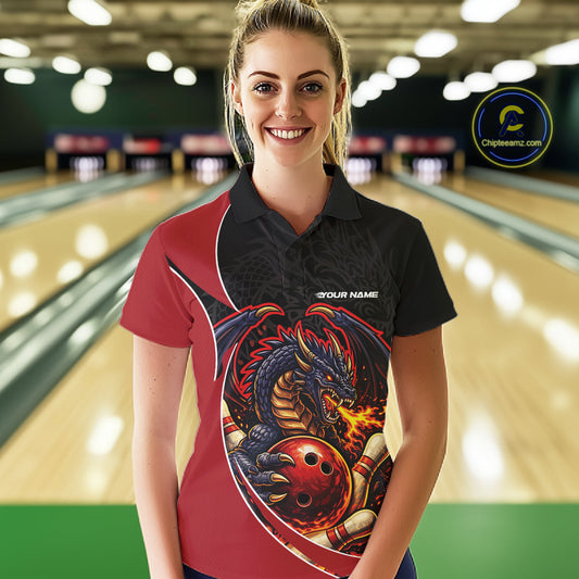 Custom Black And Red Fire Dragon Bowling Jerseys, Dragon Bowling Team Women Polo Shirt IPHW10365