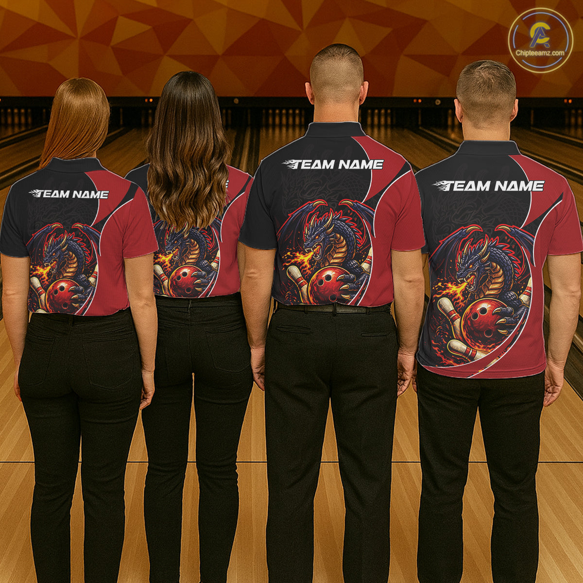 Custom Black And Red Fire Dragon Bowling Jerseys, Dragon Bowling Team Men Polo Shirt IPHW10365