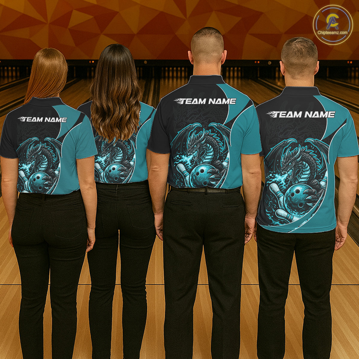 Custom Turquoise Blue Fire Dragon Bowling Jerseys, Dragon Bowling Team Men Polo Shirt IPHW10366