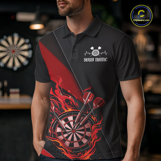 Custom Black And Red Flame Dartboard Darts Team Men Polo Shirts, Darts Jerseys IPHW10373
