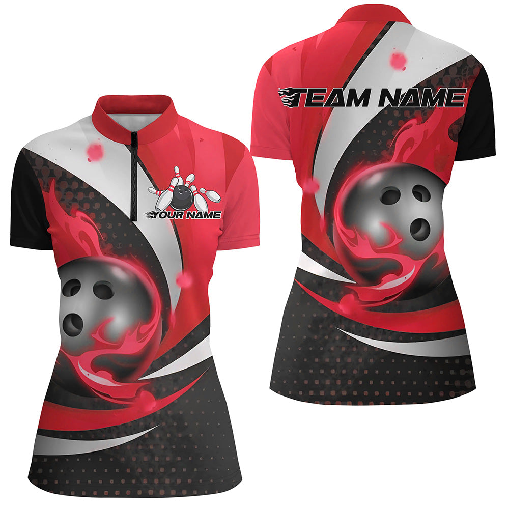 Black And Red Flame Custom Bowling Shirts For Women, Bowling League Shirts Bowler Outfits IPHW7668