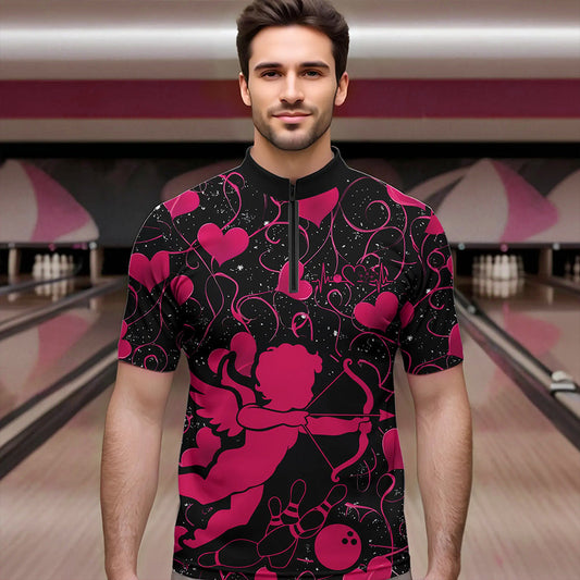 Black And Pink Custom Valentines Day Bowling Quarter-Zip Shirts For Men, Bowling Couple Shirt IPHW8330
