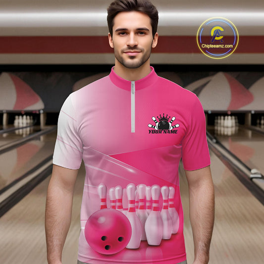 Front view of a male model in a bowling lane wearing a quarter zip shirt with bowling ball and pins arranged within a pink gradient layout.