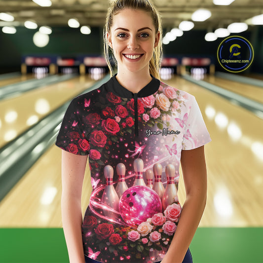 Custom Dreamy Pink Roses And Butterfly Women Bowling Quarter-Zip Shirt, Ladies Outfit IPHW10896