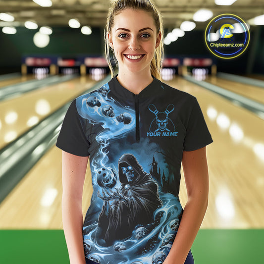 Custom Grim Reaper Bowling Women Quarter-Zip Shirt, Mid Blue Flame Skull Halloween IPHW9083