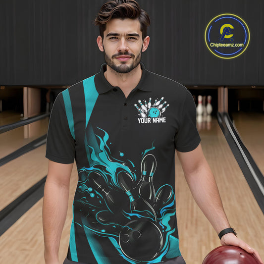 Custom Teal Blue Flame Bowling Polo Shirts For Men, Striking Fire Jerseys Team Uniform IPHW9085