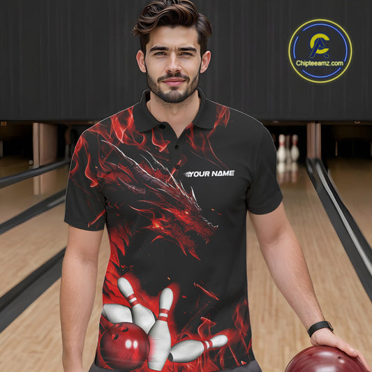 Custom Black And Red Flame Dragon Bowling Team Men Polo Shirts, Bowling League Shirt IPHW9333