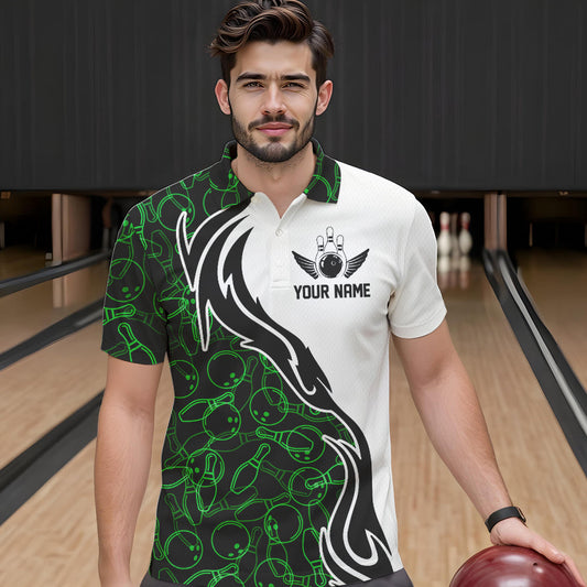 Black And Green Bowling Pattern Custom Bowling Team Men Polo Shirts, Bowling League Shirt IPHW8867