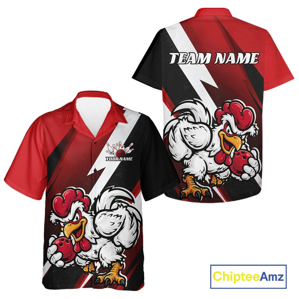 Custom Black And Red Funny Bold Confident Chicken Bowling Shirt For Men And Women, Bowling Jerseys IPHW11622