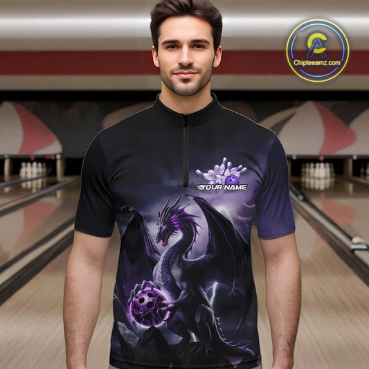 Custom Black And Purple Thunder Lightning Dragon Bowling Men Quarter-Zip Shirts, Team Outfit IPHW9098