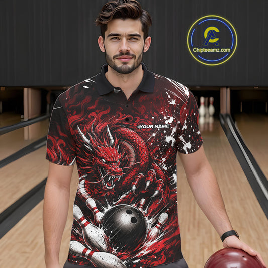 Man wearing a red and black dragon-themed bowling shirt on a bowling alley.