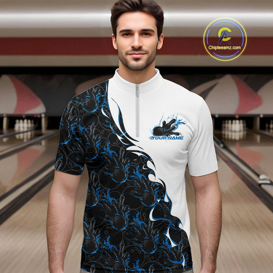 Male model in a bowling lane wearing white quarter zip shirt, front view showcasing blue and black flame bowling pattern with dynamic sports illustration