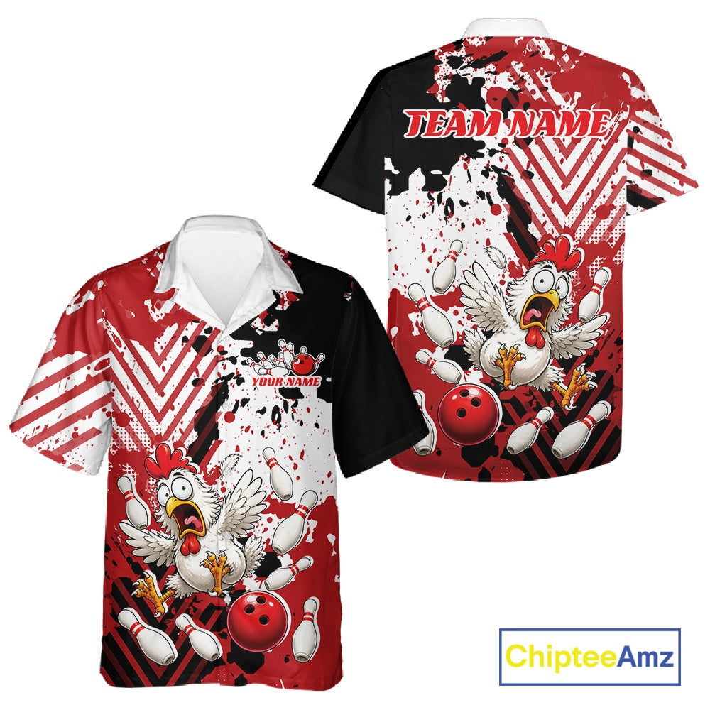 Custom Funny Chicken Bowling Team Shirt For Men And Women, Red Splatter Chicken Bowling Jerseys IPHW11634