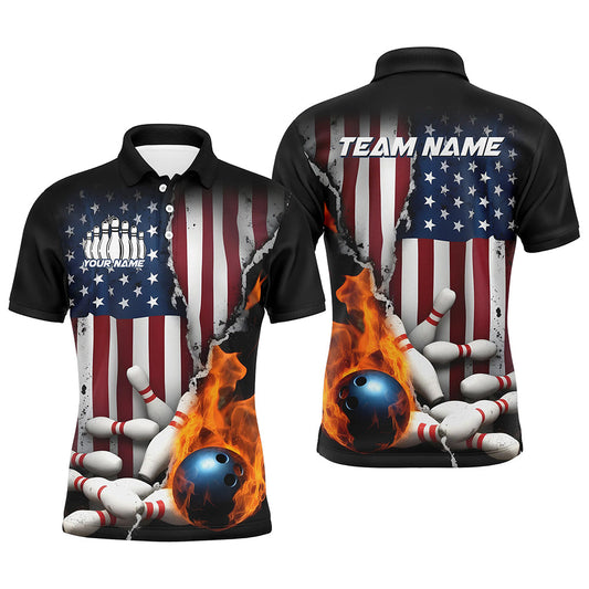 Flaming Bowling Ball Custom Patriotic Bowling Team Shirts For Men, US Flag Bowling League Shirt IPHW7725