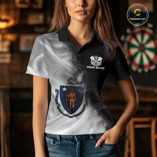 Custom Smoke Flame Massachusetts Flag Patriotic Darts Shirt For Women, Dart League Team Jerseys IPHW10747