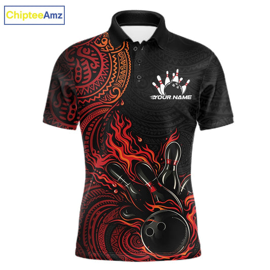 Custom Black And Red Orange Tribal Flame Bowling Ball Bowling Team Shirts, Polynesian Bowling Tournament Shirt IPHW10496