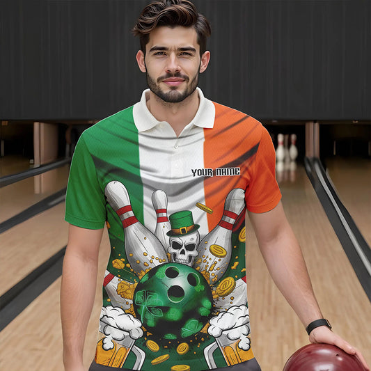 Custom Irish Flag St Patricks Day Bowling Polo Team Shirts For Men, Skull Leprechaun Bowling IPHW8588