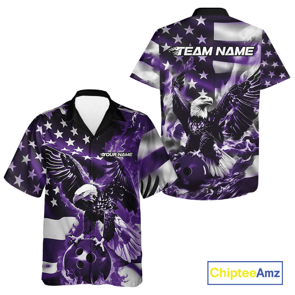 Custom Purple Flaming American Flag Eagle Bowling Team Men And Women Shirt, Patriotic Bowlers Outfit IPHW10781