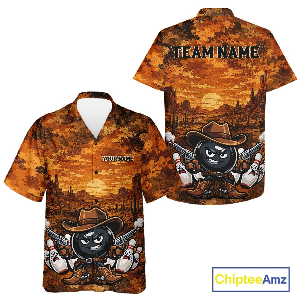 Custom Funny Western Cowboy Bowling Men And Women Hawaiian Shirts, Desert Camo Bowling Jerseys IPHW11638