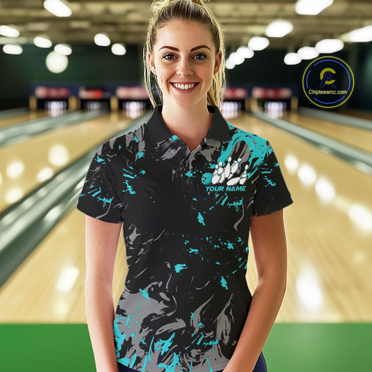 Custom Black And Turquoise Blue Splatter Camo Bowling Team Polo Shirts For Women IPHW10799