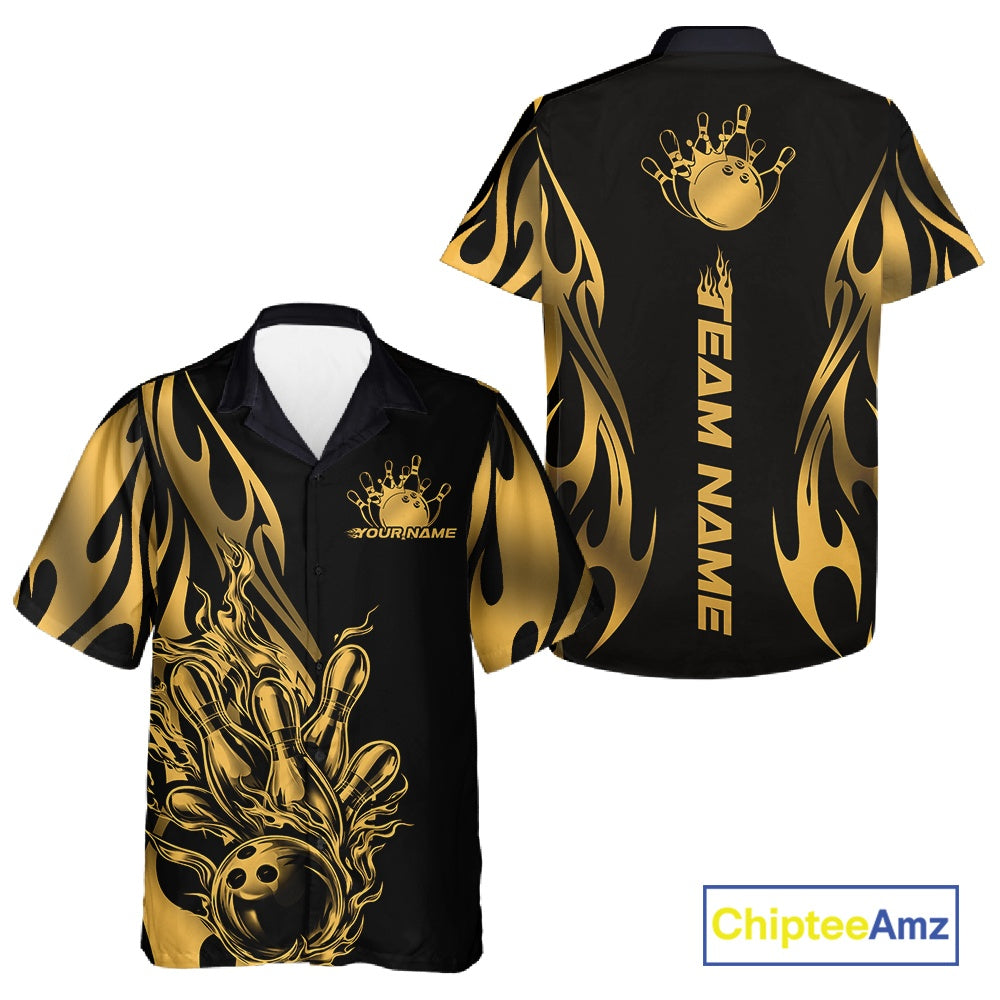 Front and back view of a black button-up bowling shirt mockup featuring golden metal tribal flame bowling ball and pins design with bold athletic visuals.
