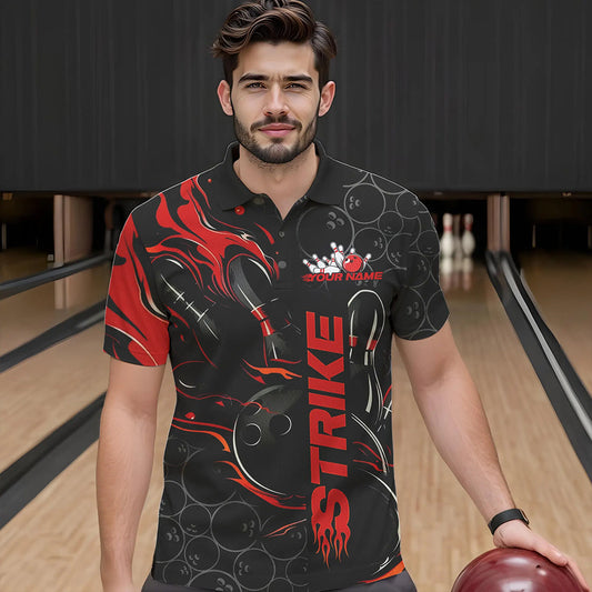 Custom Black And Red Flame Strike Bowling Team Polo Shirts For Men, Strike Bowling Jerseys IPHW8610