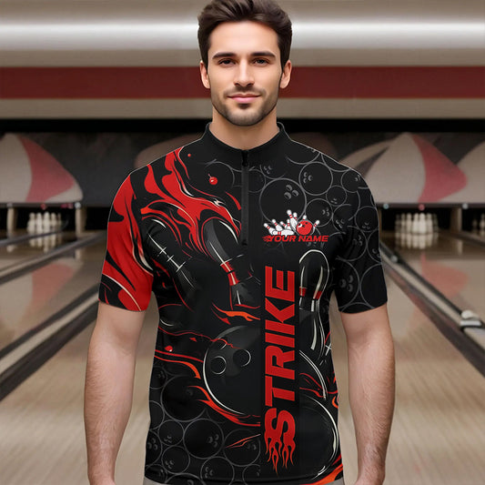 Custom Black And Red Flame Strike Bowling Team Quarter-Zip Shirts For Men, Strike Bowling Jerseys IPHW8610
