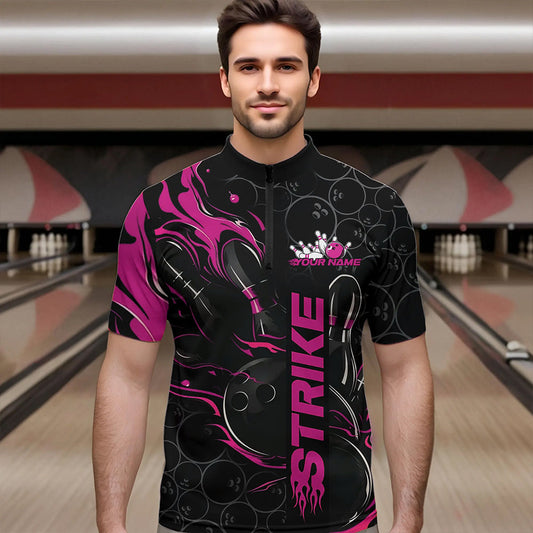 Custom Black And Pink Flame Strike Bowling Team Quarter-Zip Shirts For Men, Strike Bowling Jerseys IPHW8613