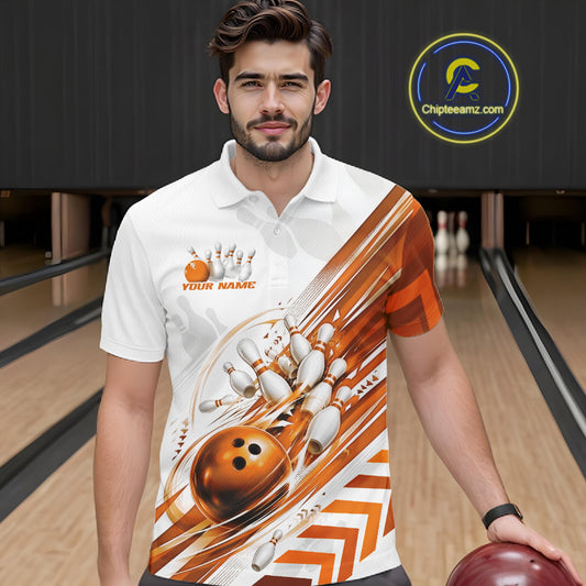 Custom White And Orange Motion Speed Bowling Team Men Polo Shirt, Bowling Jerseys IPHW11648
