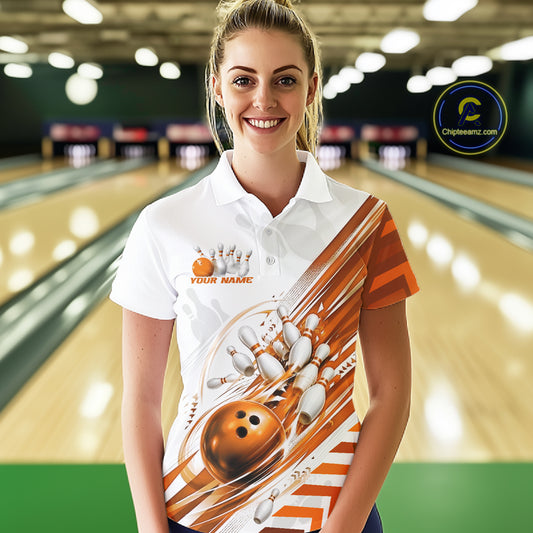 Custom White And Orange Motion Speed Bowling Team Women Polo Shirt, Bowling Jerseys IPHW11648