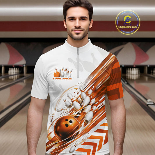 Custom White And Orange Motion Speed Bowling Team Men Quarter Zip Shirt, Bowling Jerseys IPHW11648