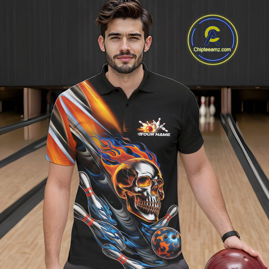 Custom Fire Flame Metal Skull Bowling Men Polo Shirt, Halloween Bowler Outfits IPHW9891