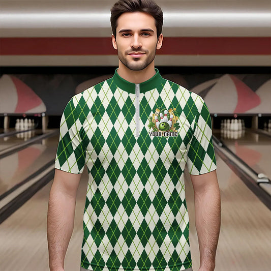Custom St Patricks Day Argyle Bowling Quarter-Zip Shirts For Men, Saint Paddys Day Team Outfits IPHW8682
