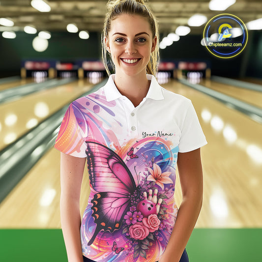 Custom Colorful Butterfly And Roses Flowers Bowling Women Polo Shirts With Name IPHW10298