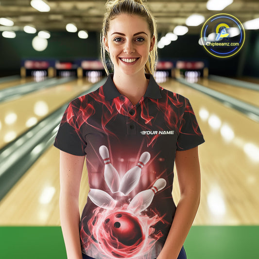 Custom Black And Red Flame Bowling Team Polo Shirts For Women, Fire Bowling League Shirt IPHW9388