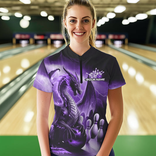 Custom Purple Lightning Dragon Bowling Women Quarter-Zip Shirt, Bowling Team Uniform IPHW8951