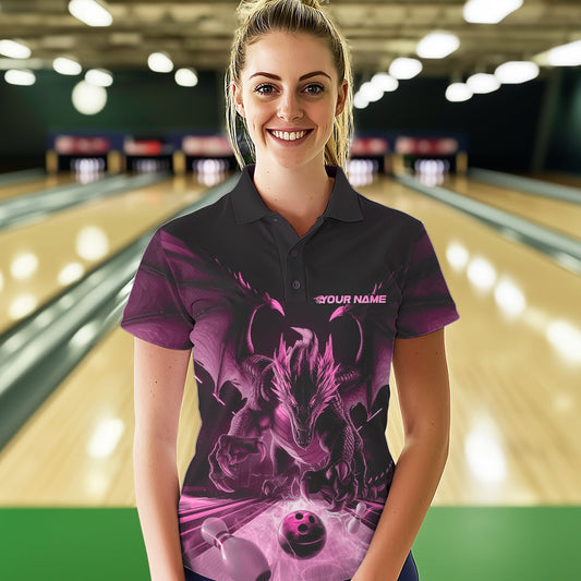 Custom Black And Pink Dragon Bowling Jerseys, Dragon Bowling Team Polo Shirts For Women IPHW8956