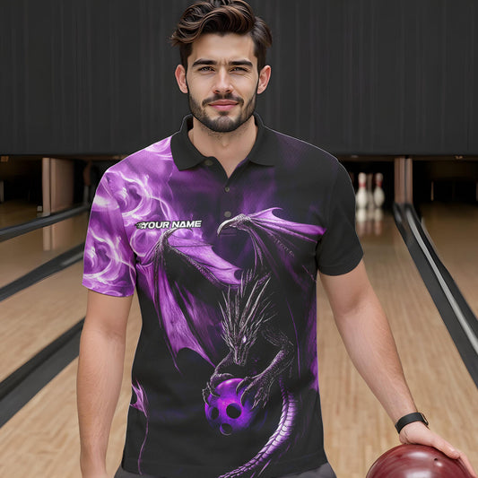 Custom Black And Purple Flame Dragon Bowling Polo Shirts For Men, Dragon Bowling Jerseys IPHW8963