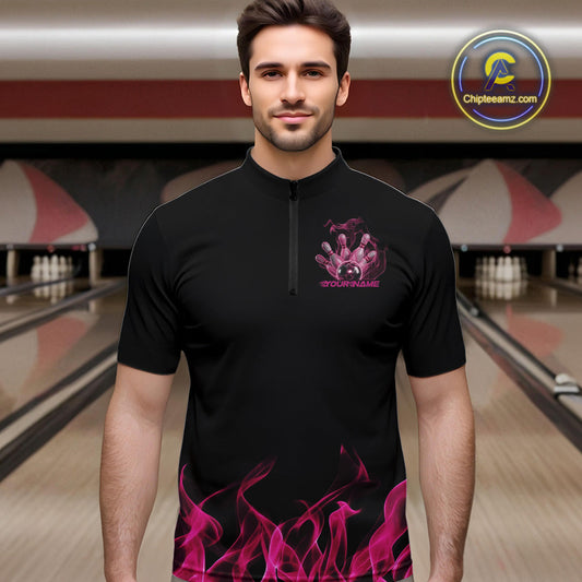 Custom Pink Skull Smoke Bowling Team Men Quarter-Zip Shirts, Halloween Bowling Outfit IPHW9772