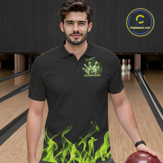 Custom Green Skull Smoke Bowling Team Men Polo Shirts, Halloween Bowling Outfit IPHW9773
