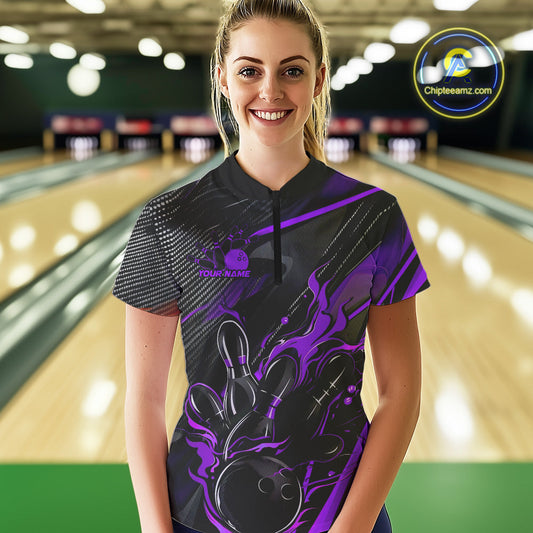 Custom Black And Purple Flame Bowling Team Women Quarter-Zip Shirts, Fire Bowling Jerseys IPHW9782